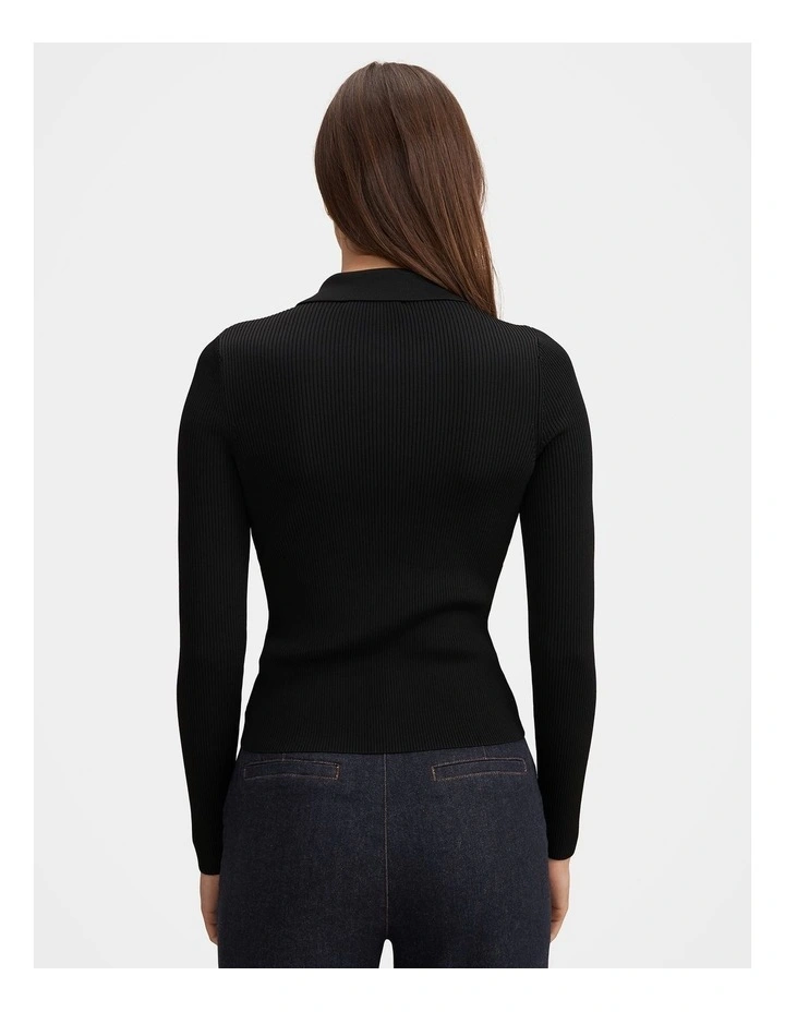Selina Ribbed Knitted Polo Top in Black image 2