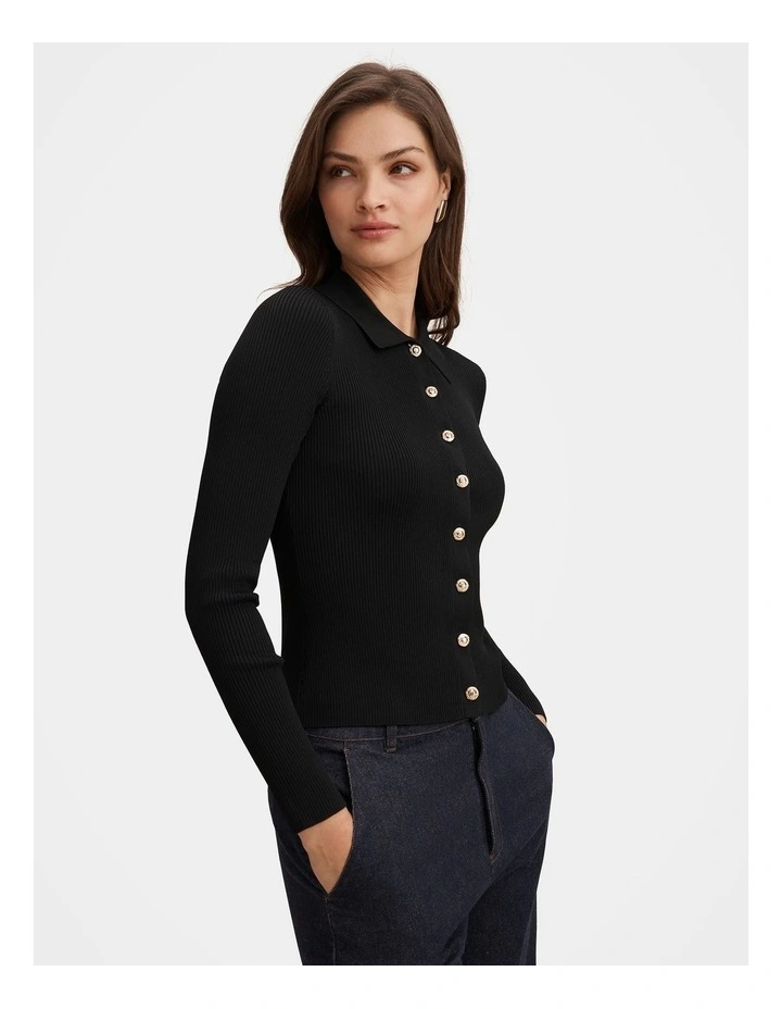 Selina Ribbed Knitted Polo Top in Black image 3