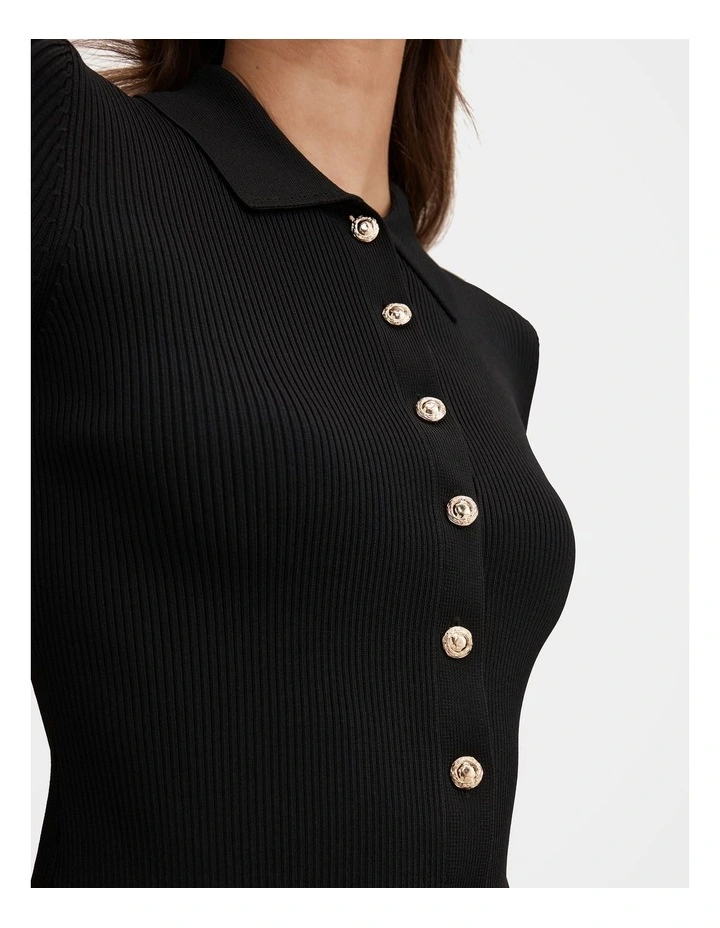 Selina Ribbed Knitted Polo Top in Black image 4