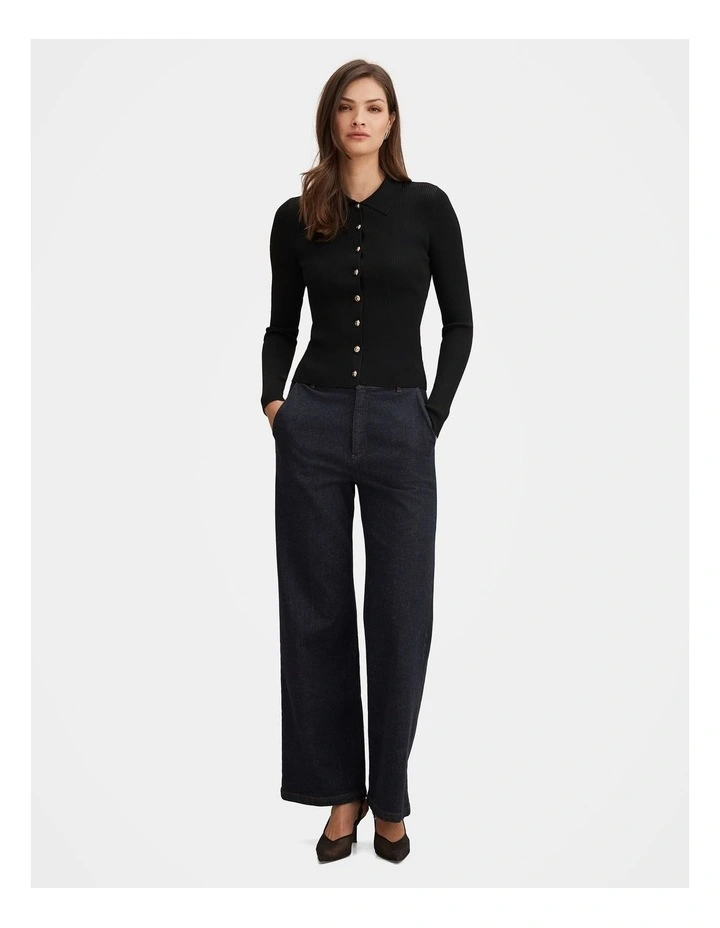 Selina Ribbed Knitted Polo Top in Black image 5