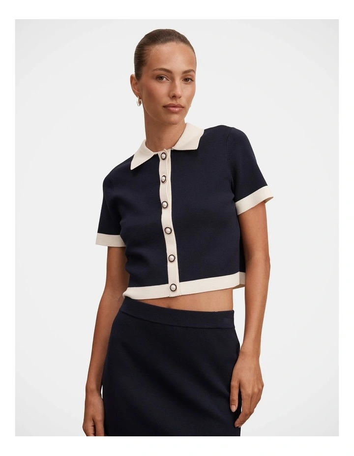 Farah Knitted Button Through T-shirt in Navy image 1