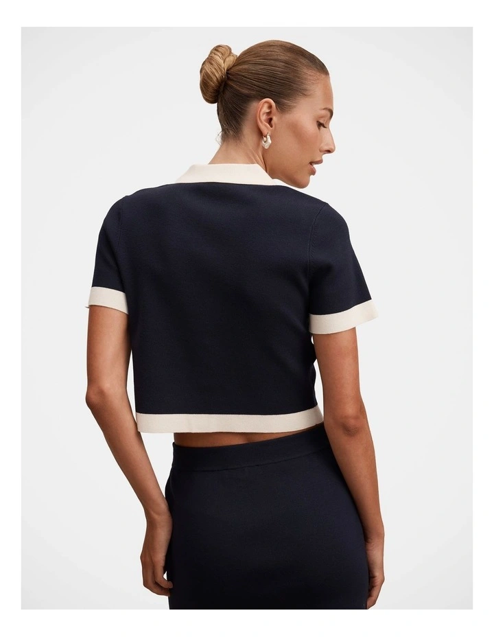 Farah Knitted Button Through T-shirt in Navy image 2