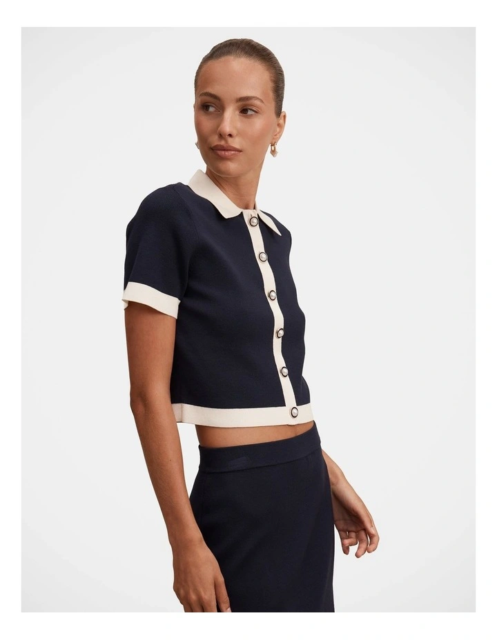 Farah Knitted Button Through T-shirt in Navy image 3