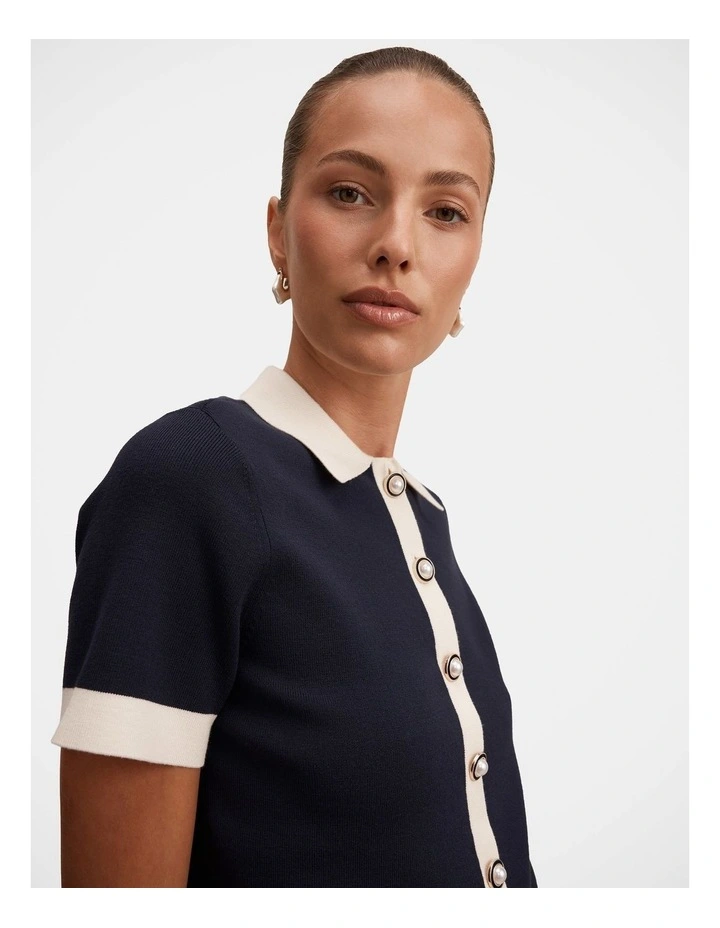 Farah Knitted Button Through T-shirt in Navy image 4