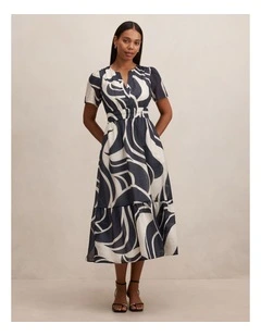 Eleanor Short Sleeves Midi Dress in Navy