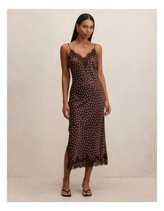 Jess Lace Trim Midi Dress in Brown Spot Print
