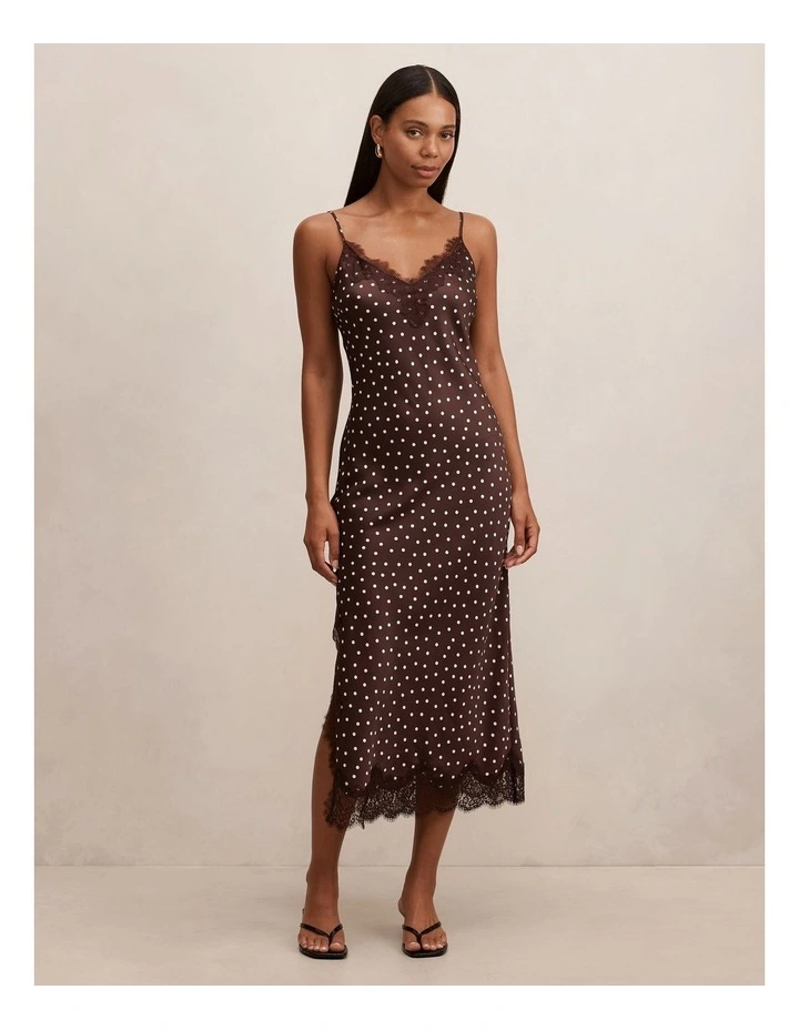 Jess Lace Trim Midi Dress in Brown Spot Print image 1