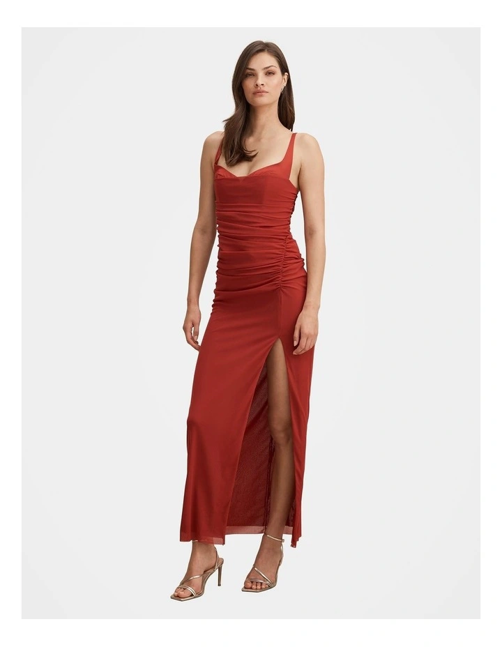 Evie Ruched Mesh Bodycon Dress in Red image 3