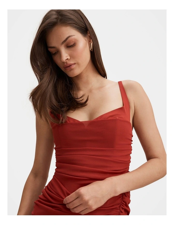 Evie Ruched Mesh Bodycon Dress in Red image 4