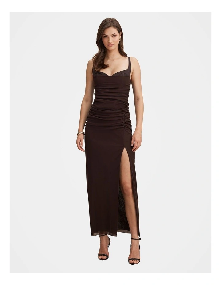 Evie Ruched Mesh Bodycon Dress in Brown image 1