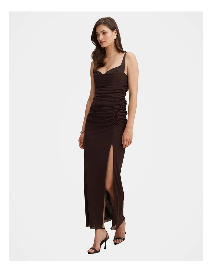Evie Ruched Mesh Bodycon Dress in Brown image 3