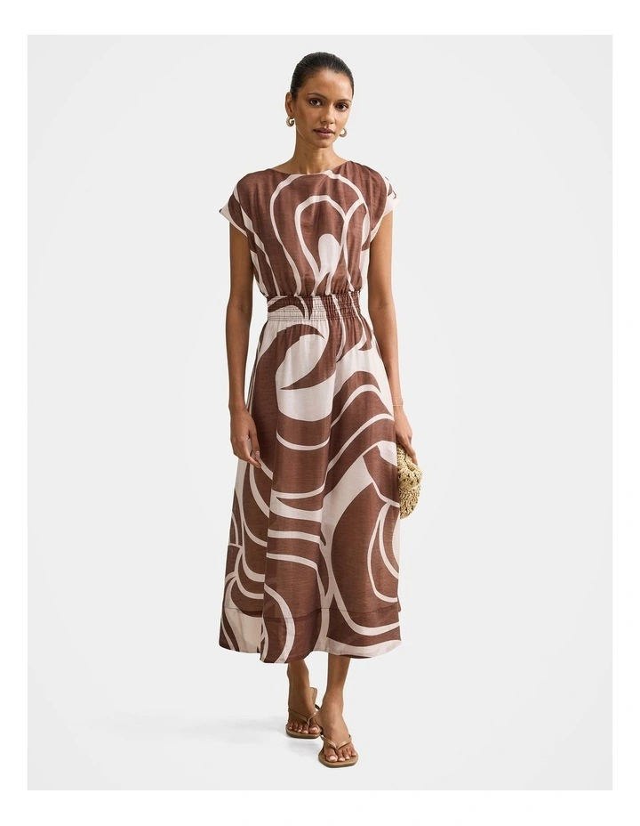 Callie Elastic Waist Midi Dress in Brown image 1
