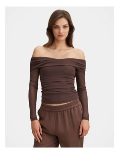 Gigi Mesh Twist Bardot Neck Top in Brown