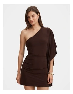 Adriana One Shoulder Mini Dress in Chocolate