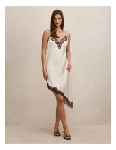 Posie Asymmetrical Lace Slip Dress in Cream