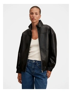 Marissa Funnel Neck Vegan Leather Bomber Jacket in Black