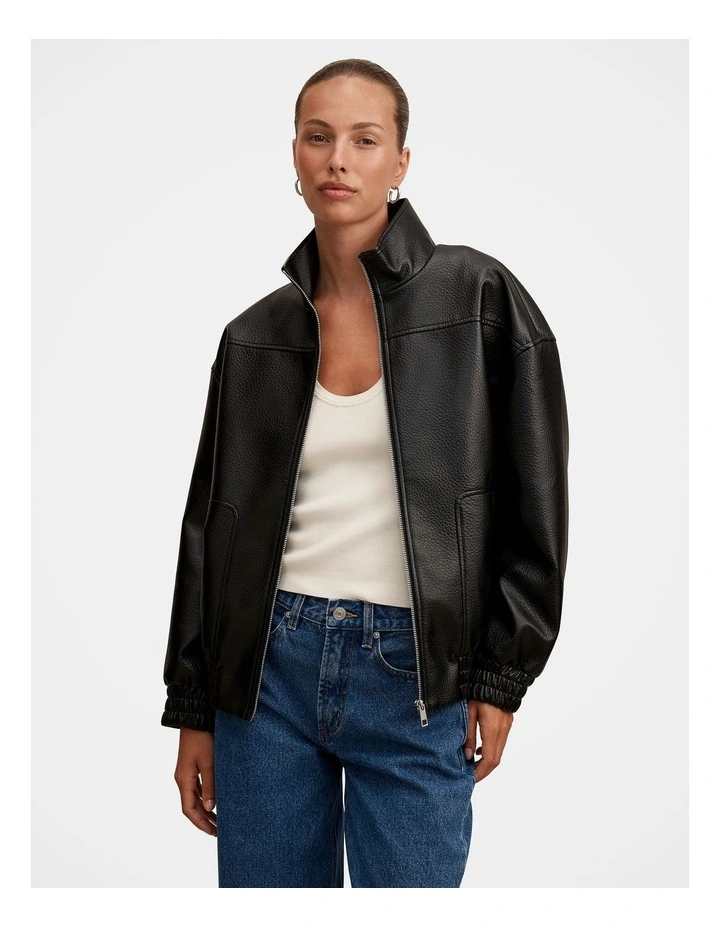 Marissa Funnel Neck Vegan Leather Bomber Jacket in Black image 1