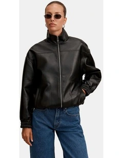 Marissa Funnel Neck Vegan Leather Bomber Jacket in Black
