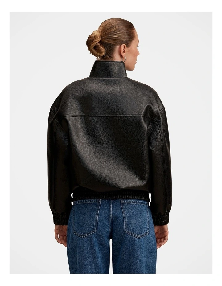 Marissa Funnel Neck Vegan Leather Bomber Jacket in Black image 2