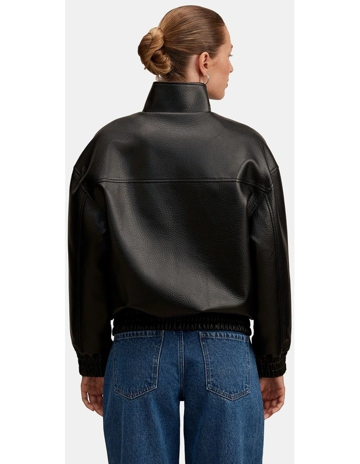 Marissa Funnel Neck Vegan Leather Bomber Jacket in Black image 2