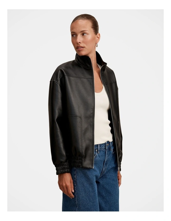 Marissa Funnel Neck Vegan Leather Bomber Jacket in Black image 3