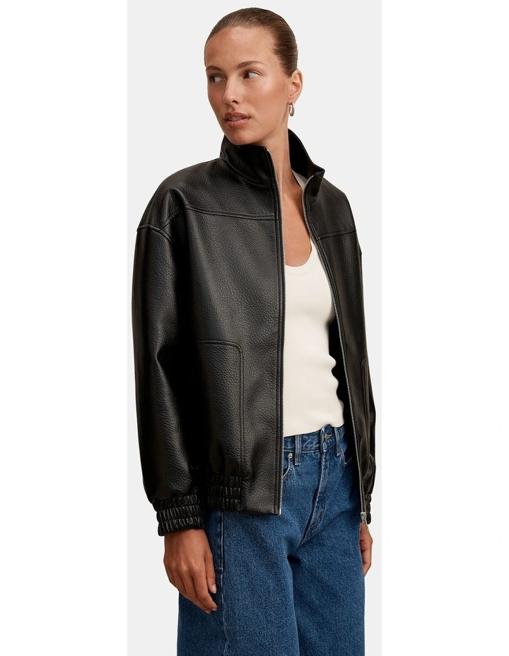 Marissa Funnel Neck Vegan Leather Bomber Jacket in Black image 3