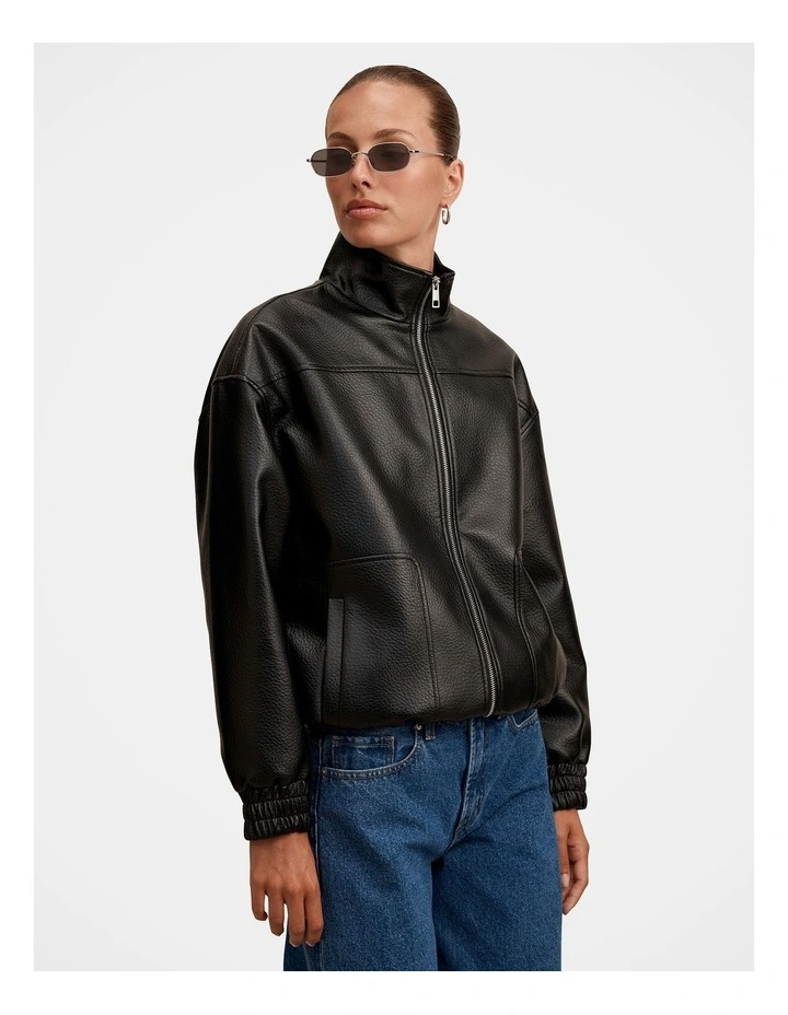 Marissa Funnel Neck Vegan Leather Bomber Jacket in Black image 4