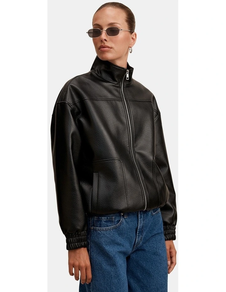 Marissa Funnel Neck Vegan Leather Bomber Jacket in Black image 4
