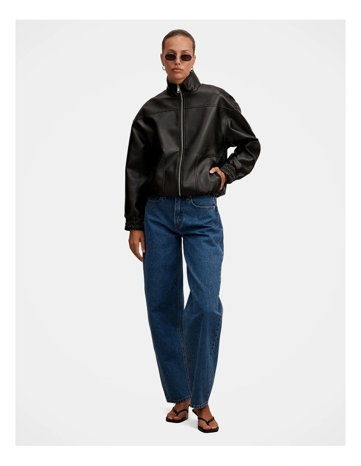 Marissa Funnel Neck Vegan Leather Bomber Jacket in Black image 5