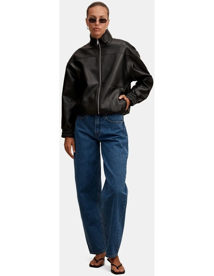 Marissa Funnel Neck Vegan Leather Bomber Jacket in Black image 5