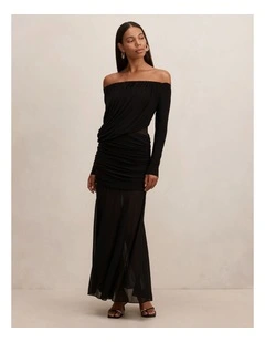 Belinda Bardot Neck Draped Maxi Dress in Black