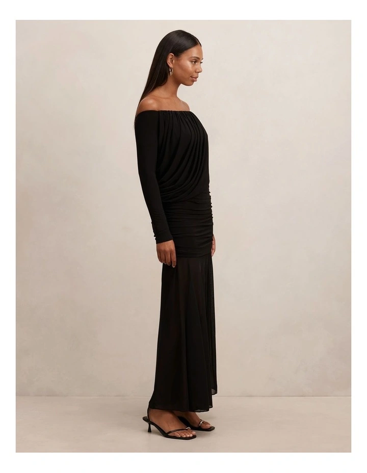 Belinda Bardot Neck Draped Maxi Dress in Black image 3