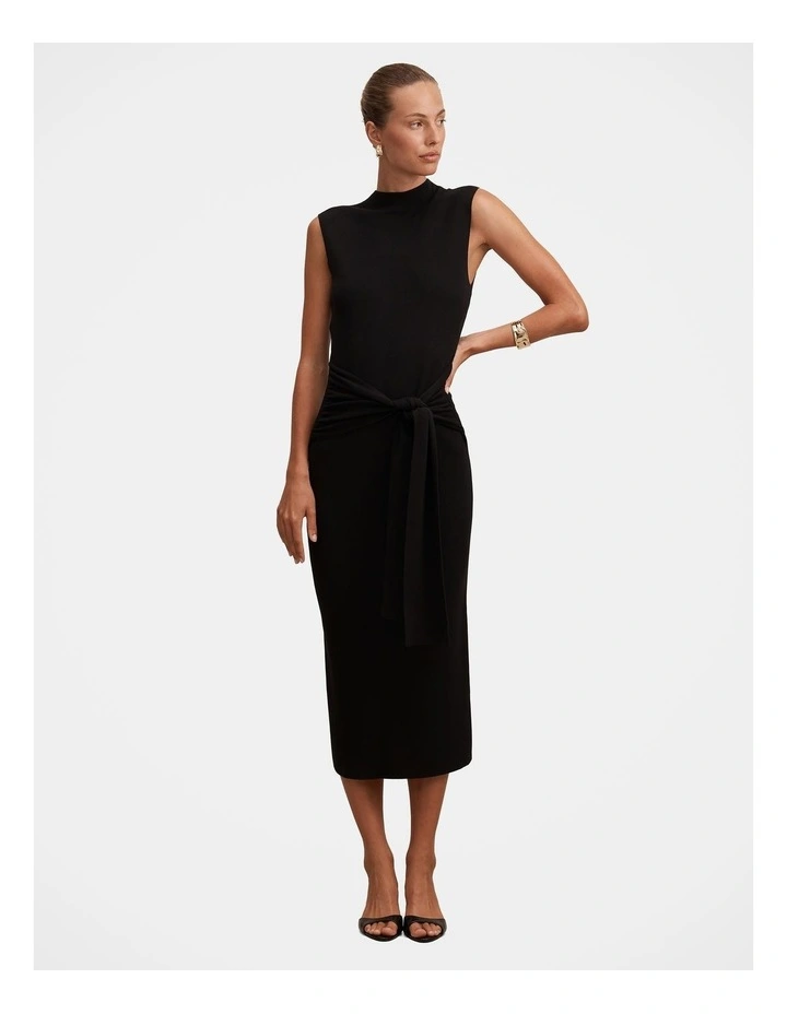 Margot Wrap Detail Knitted Midi Dress in Black image 1