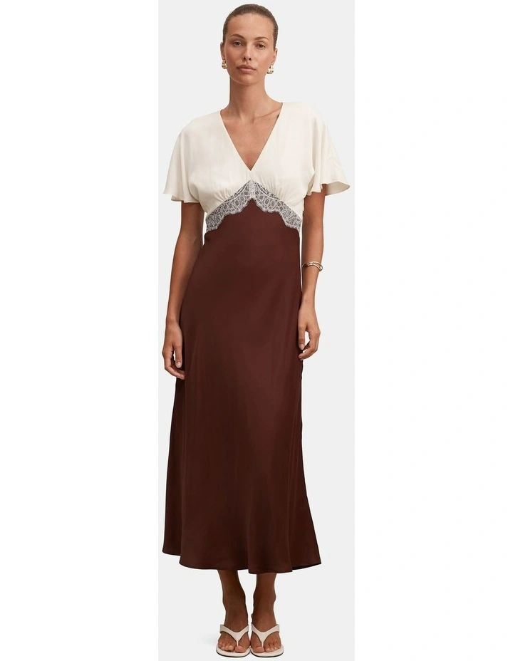 Julia Flutter Sleeves Satin Lace Midi Dress in Brown image 1