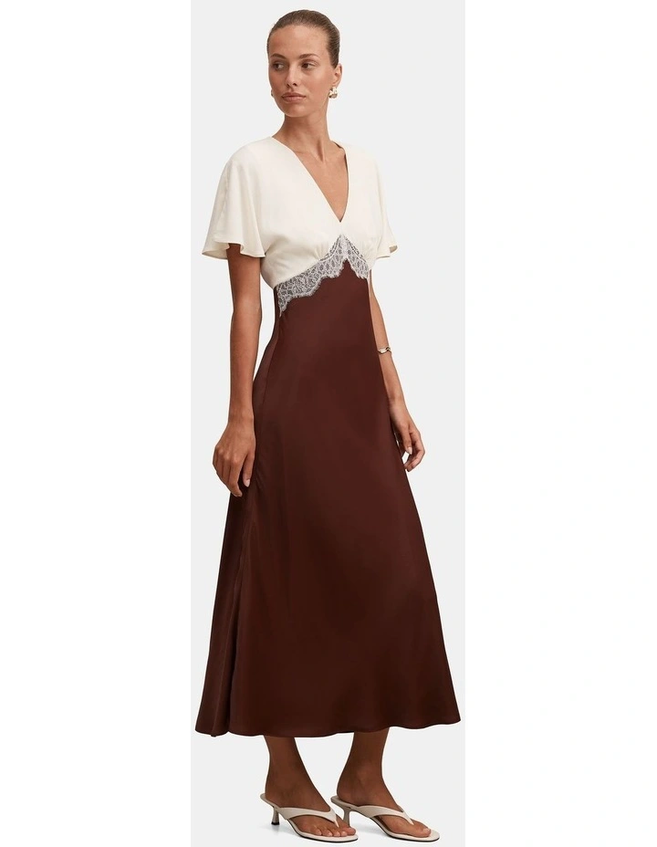 Julia Flutter Sleeves Satin Lace Midi Dress in Brown image 3