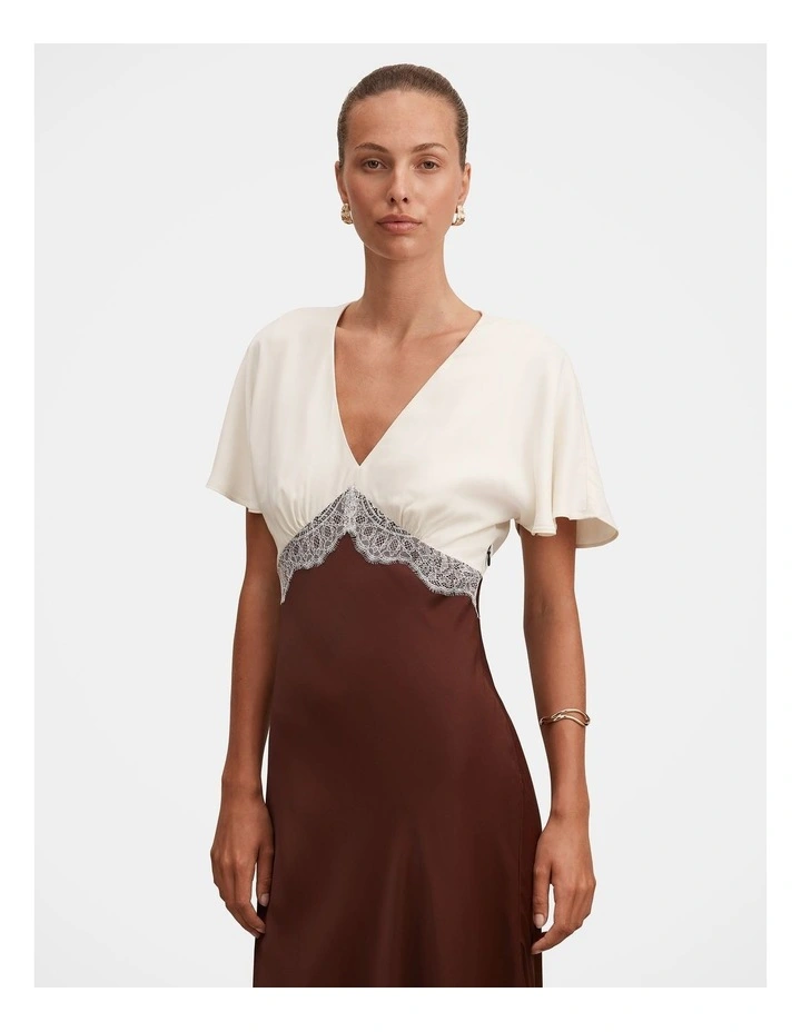 Julia Flutter Sleeves Satin Lace Midi Dress in Brown image 4