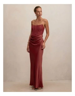 Ivy Lace Corset Drape Maxi Dress in Brown