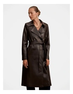 Sabina Faux Leather Trench Coat in Chocolate
