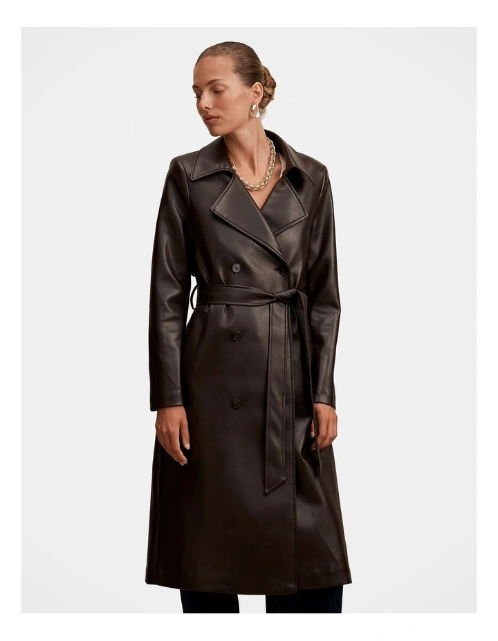 Sabina Faux Leather Trench Coat in Chocolate image 1
