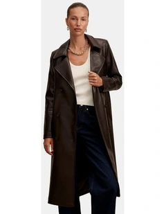 Sabina Faux Leather Trench Coat in Chocolate
