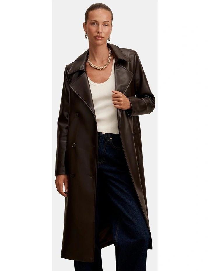 Sabina Faux Leather Trench Coat in Chocolate image 1