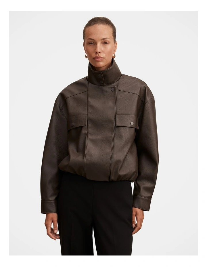 Angela Oversized Vegan Leather Bomber Jacket in Brown image 1