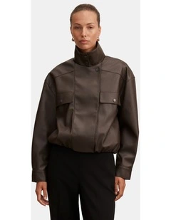 Angela Oversized Vegan Leather Bomber Jacket in Brown