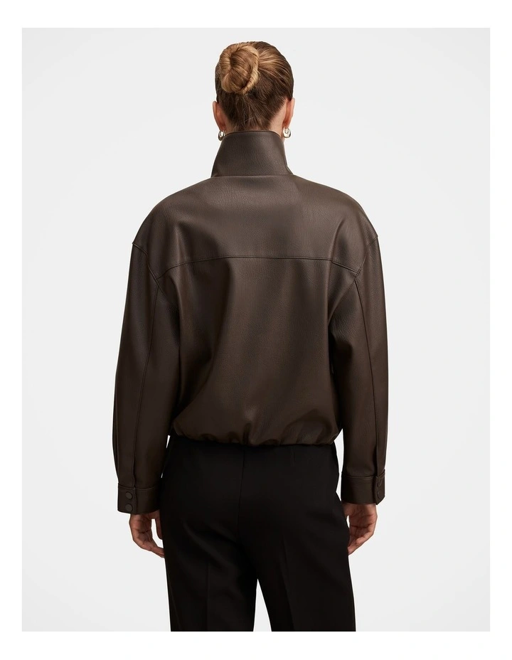 Angela Oversized Vegan Leather Bomber Jacket in Brown image 2