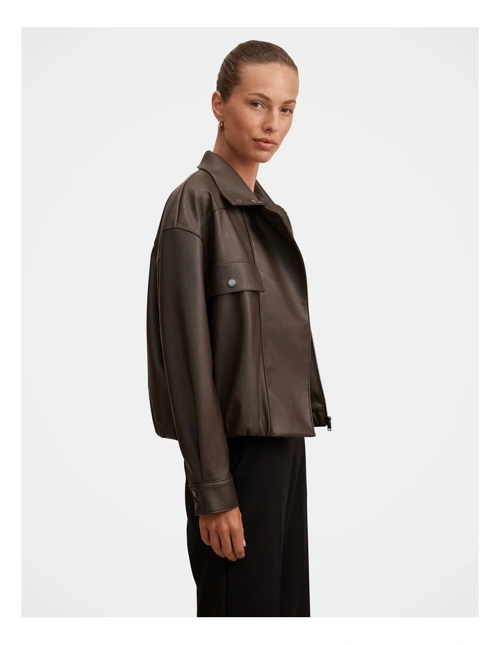 Angela Oversized Vegan Leather Bomber Jacket in Brown image 3