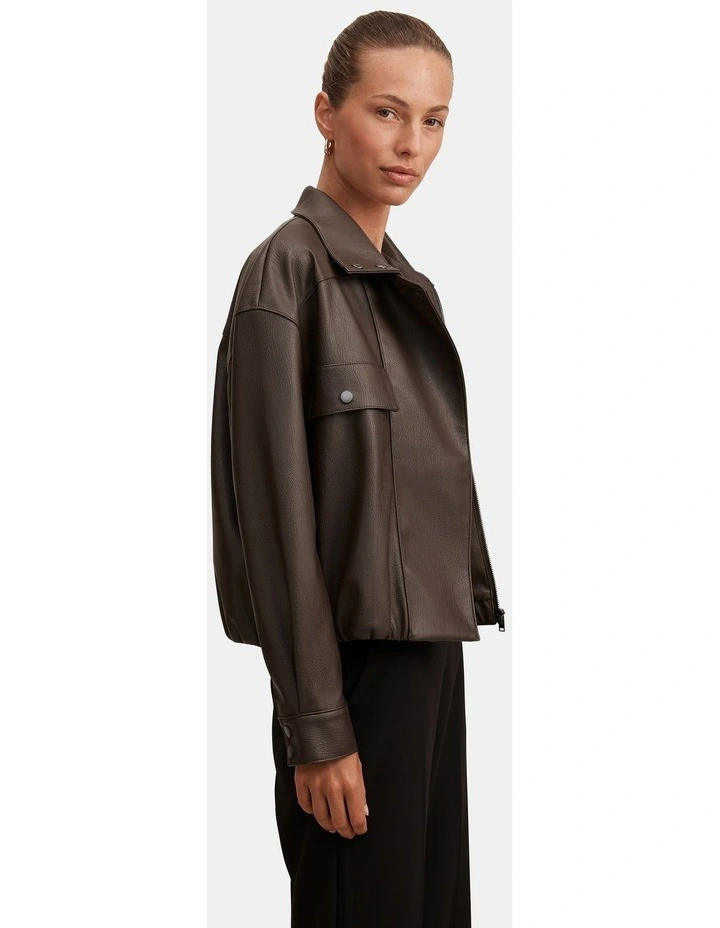 Angela Oversized Vegan Leather Bomber Jacket in Brown image 3