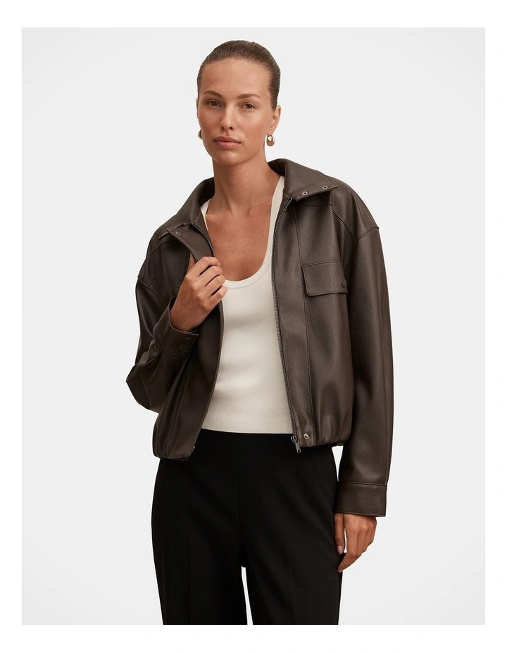 Angela Oversized Vegan Leather Bomber Jacket in Brown image 4