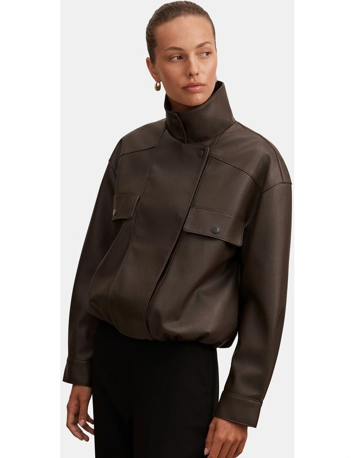 Angela Oversized Vegan Leather Bomber Jacket in Brown image 4