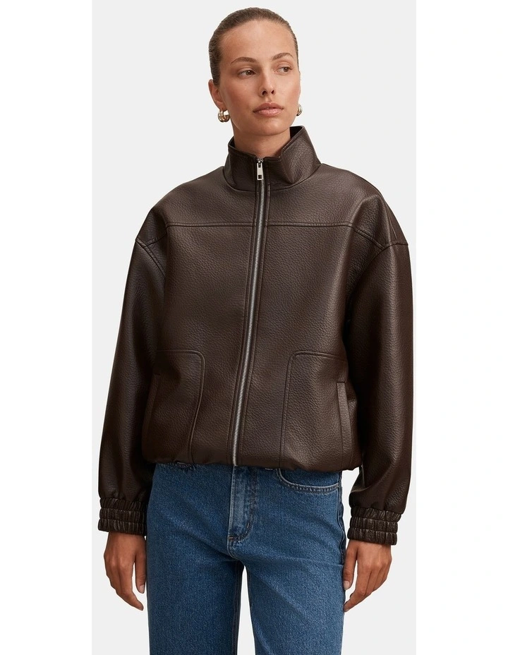 Marissa Funnel Neck Vegan Leather Bomber Jacket in Brown image 1