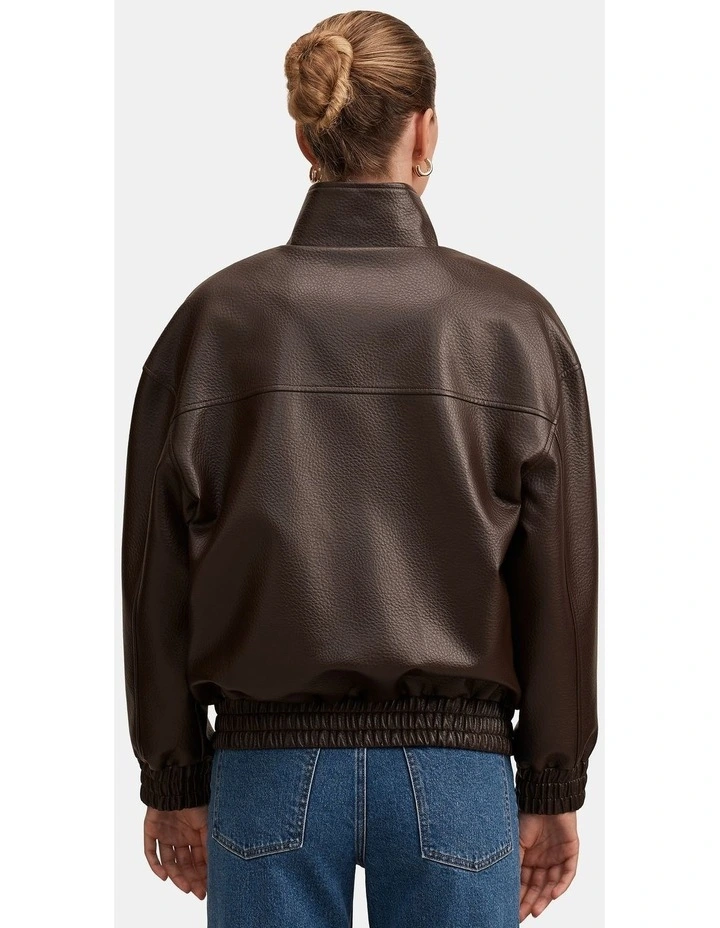 Marissa Funnel Neck Vegan Leather Bomber Jacket in Brown image 2